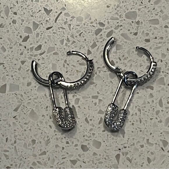 Cubic Zirconia Safety Pin Drop Earrings - Picture 4 of 10